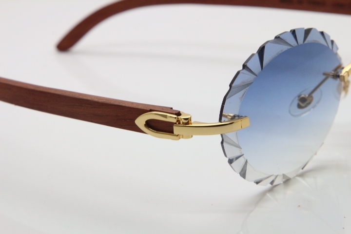 Cartier Rimless Original Wood T8200761 Sunglasses in Gold Blue Carved Lens