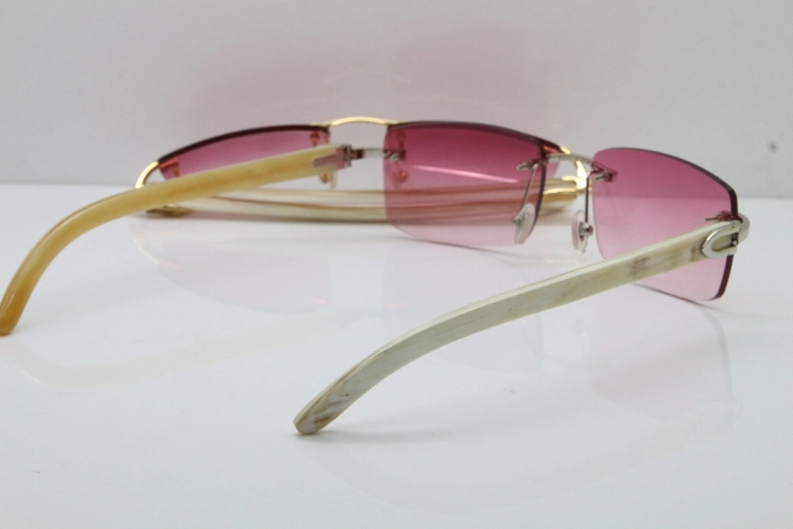 Cartier Rimless 8200758 SunGlasses Original White Genuine Natural Horn Sunglasses in Silver Pink Lens