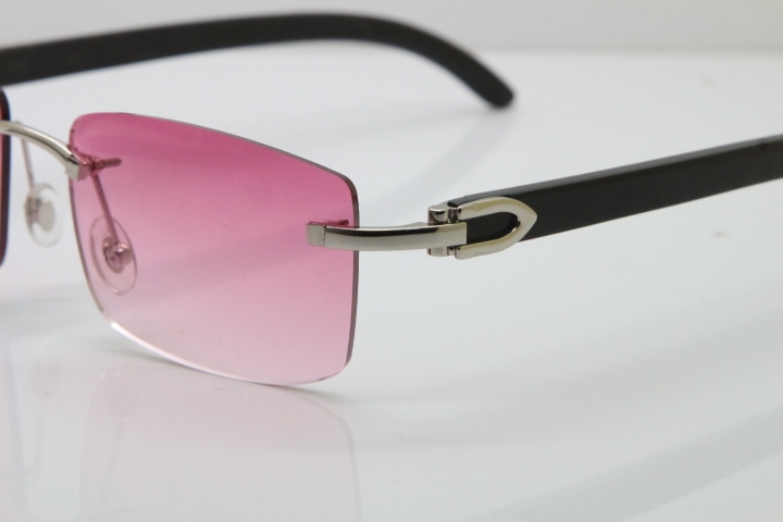 Cartier Rimless 8200758 SunGlasses Original Black Buffalo Horn Sunglasses in Silver Pink Lens