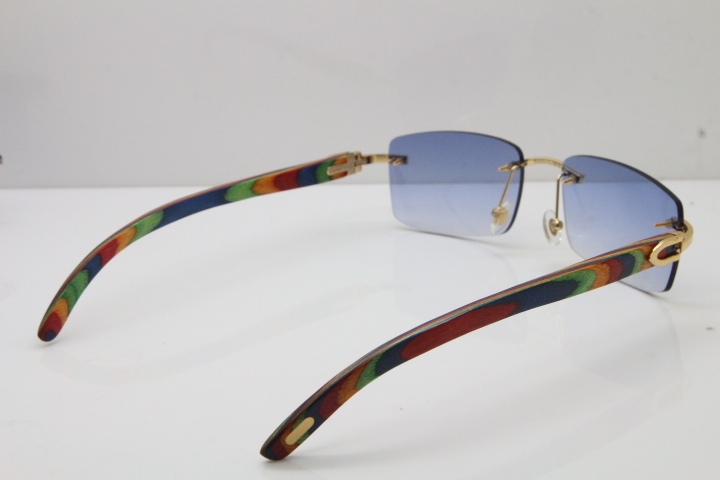 Cartier Rimless 8200757 SunGlasses Original Peacock Wood Sunglasses in Silver Blue Lens