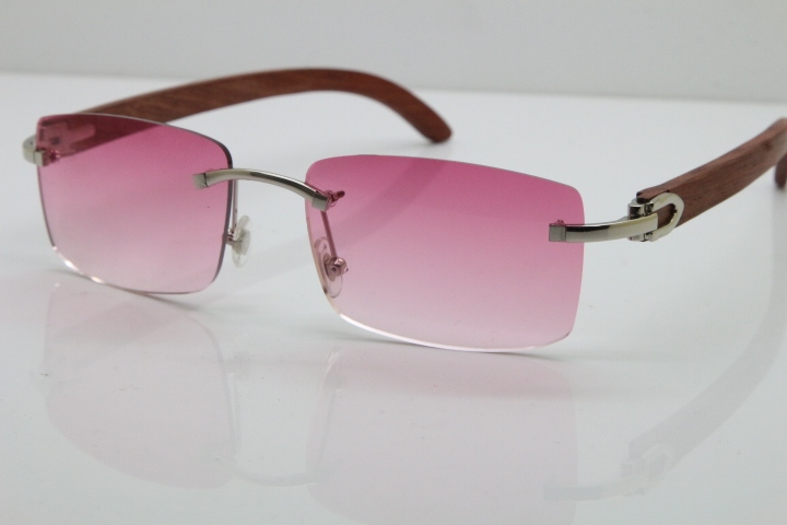 Cartier Rimless 8200757 SunGlasses Original Wood Sunglasses in Gold Pink Lens