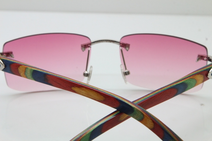 Cartier Rimless 8200757 SunGlasses Original Peacock Wood Sunglasses in Gold Pink Lens