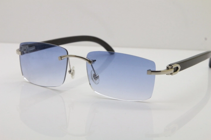 Cartier Rimless 8200758 SunGlasses Original Black Buffalo Horn Sunglasses in Silver Blue Lens