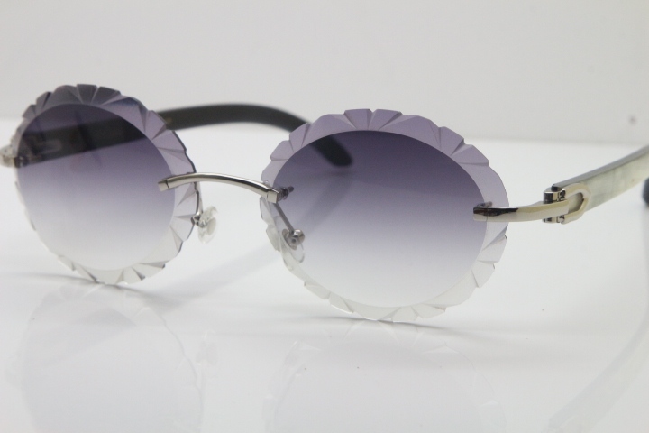 Cartier Rimless Original White Inside Black Buffalo Horn T8200761 Sunglasses in Gold Gray Carved Lens