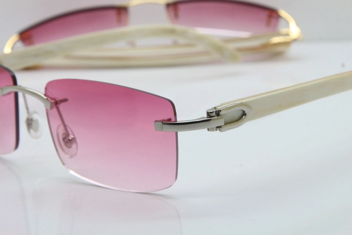 Cartier Rimless 8200758 SunGlasses Original White Genuine Natural Horn Sunglasses in Silver Pink Lens