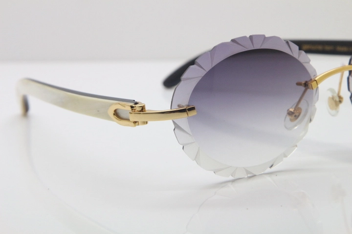 Cartier Rimless Original White Inside Black Buffalo Horn T8200761 Sunglasses in Gold Gray Carved Lens