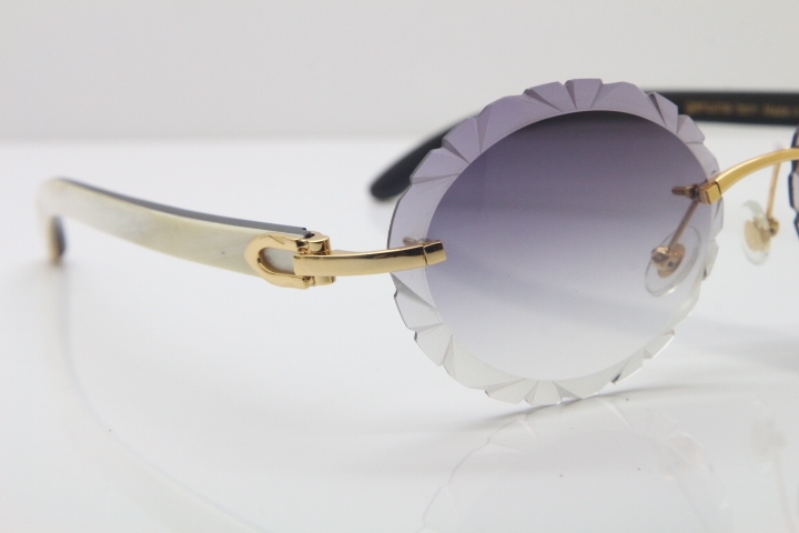 Cartier Rimless Original White Inside Black Buffalo Horn T8200761 Sunglasses in Gold Gray Carved Lens