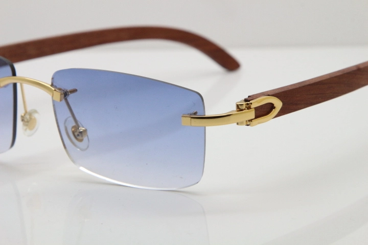 Cartier Rimless 8200758 SunGlasses Original Wood Sunglasses in Silver Blue Lens