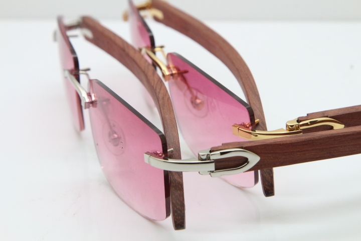 Cartier Rimless 8200757 SunGlasses Original Wood Sunglasses in Gold Pink Lens