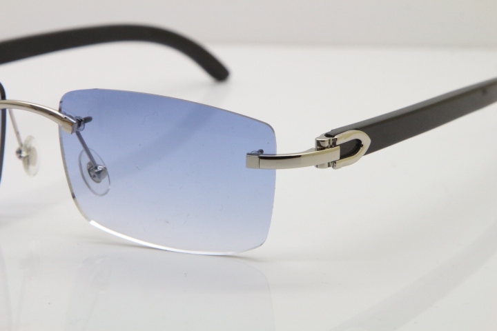 Cartier 8200757 Rimless SunGlasses Original Black Buffalo Horn Sunglasses in Gold Blue Lens