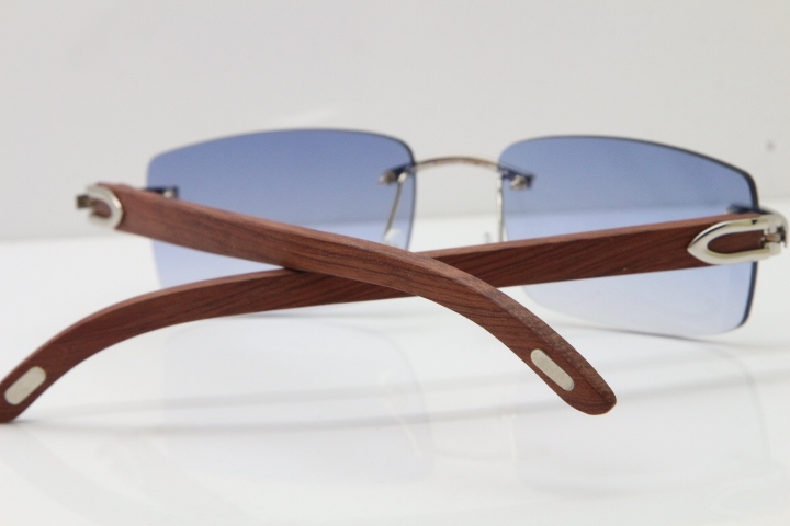 Cartier Rimless 8200758 SunGlasses Original Wood Sunglasses in Silver Blue Lens