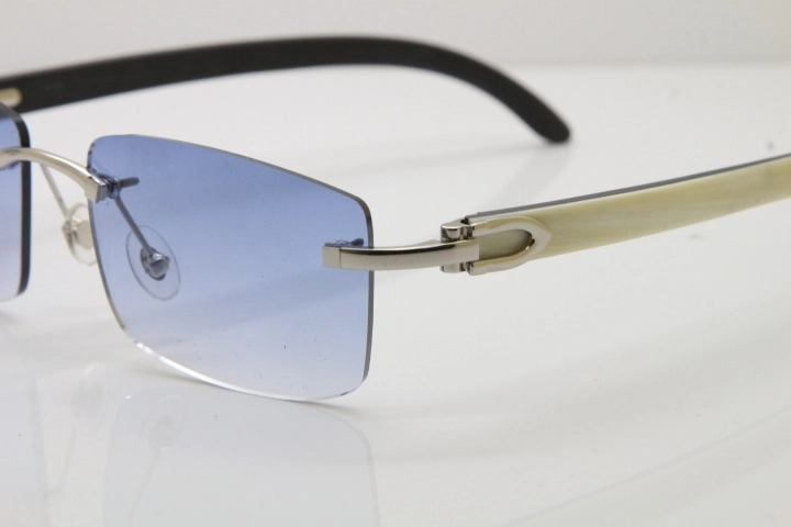 Cartier Rimless 8200758 SunGlasses Original White Inside Black Buffalo Horn Sunglasses in Silver Blue Lens