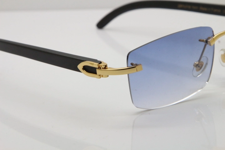 Cartier 8200757 Rimless SunGlasses Original Black Buffalo Horn Sunglasses in Gold Blue Lens