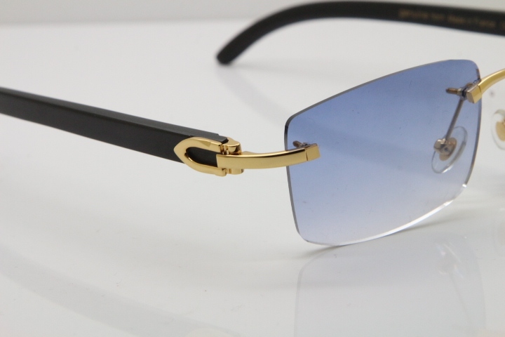 Cartier 8200757 Rimless SunGlasses Original Black Buffalo Horn Sunglasses in Gold Blue Lens