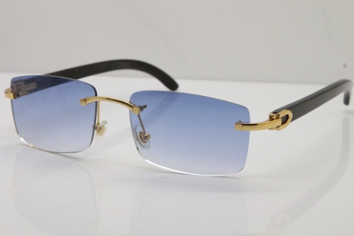 Cartier Rimless 8200758 SunGlasses Original Black Buffalo Horn Sunglasses in Silver Blue Lens