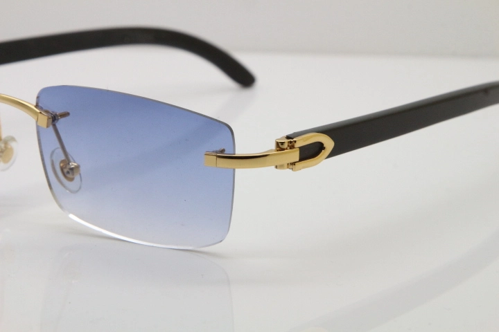 Cartier Rimless 8200758 SunGlasses Original Black Buffalo Horn Sunglasses in Silver Blue Lens