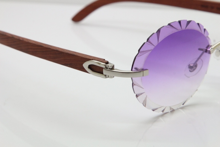 Cartier Rimless Original Wood T8200761 Sunglasses in Gold Purple Carved Lens