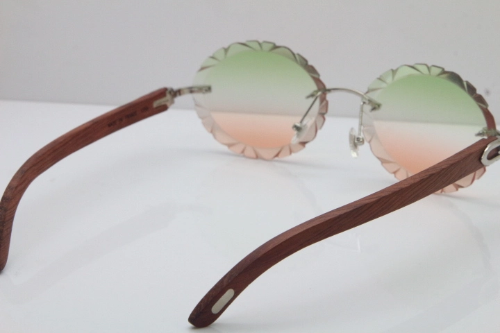 Cartier Rimless Original Wood T8200761 Sunglasses in Gold Green Mix Brown Carved Lens