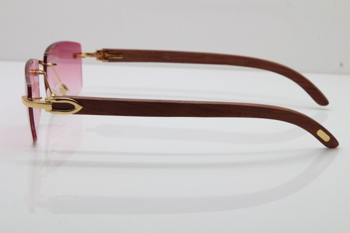 Cartier Rimless 8200757 SunGlasses Original Wood Sunglasses in Gold Pink Lens