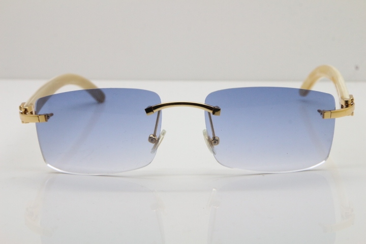 Cartier Rimless 8200757 SunGlasses Original White Genuine Natural Horn Sunglasses in Gold Blue Lens