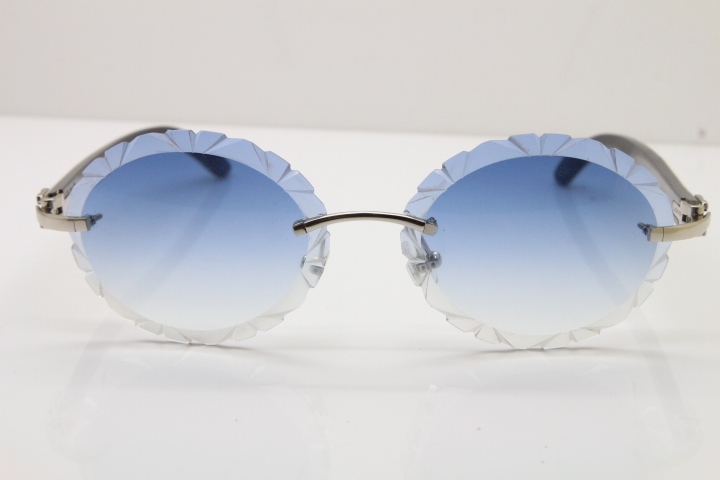 Cartier Rimless Original White Inside Black Buffalo Horn T8200761 Sunglasses in Gold Blue Carved Lens