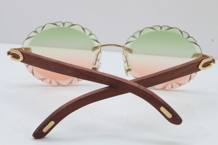 Cartier Rimless Original Wood T8200761 Sunglasses in Gold Green Mix Brown Carved Lens