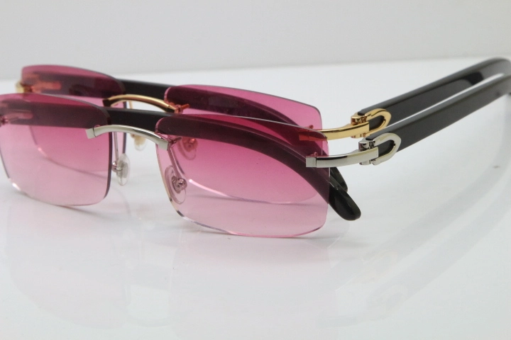 Cartier Rimless 8200758 SunGlasses Original Black Buffalo Horn Sunglasses in Silver Pink Lens