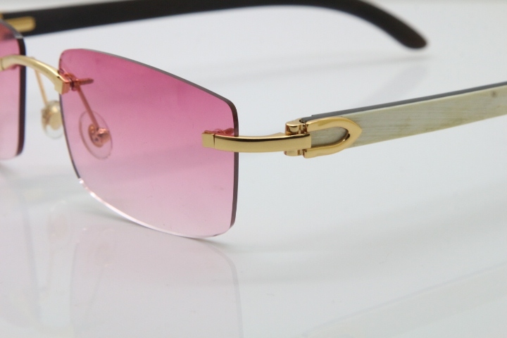 Cartier Rimless 8200757 SunGlasses Original White Inside Black Buffalo Horn Sunglasses in Gold Pink Lens