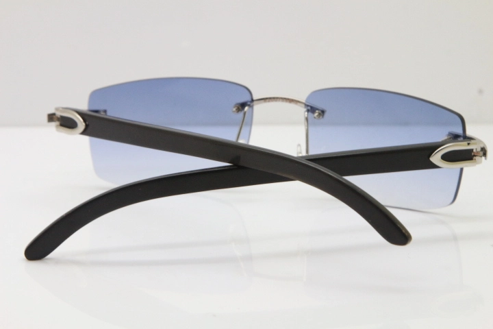 Cartier Rimless 8200758 SunGlasses Original Black Buffalo Horn Sunglasses in Silver Blue Lens