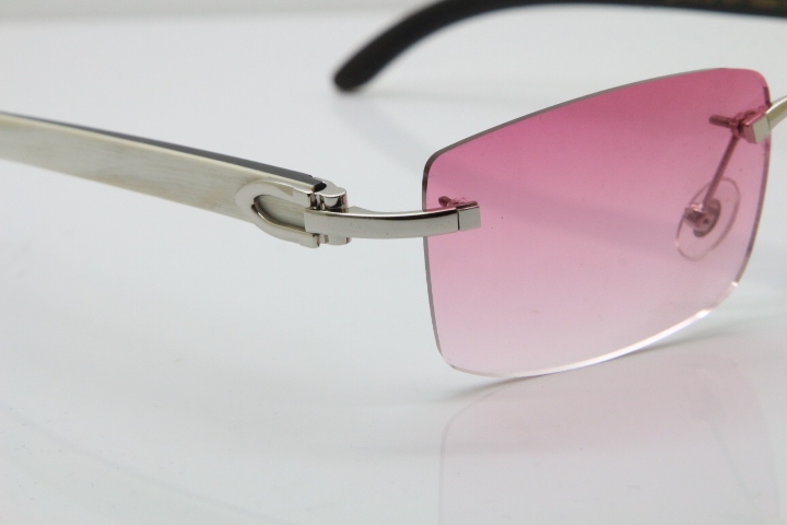 Cartier Rimless 8200757 SunGlasses Original White Inside Black Buffalo Horn Sunglasses in Gold Pink Lens