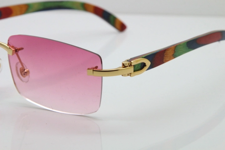 Cartier Rimless 8200757 SunGlasses Original Peacock Wood Sunglasses in Gold Pink Lens