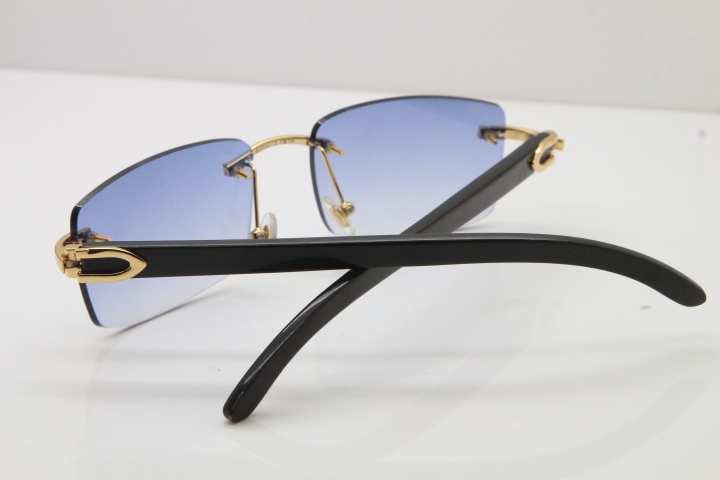 Cartier 8200757 Rimless SunGlasses Original Black Buffalo Horn Sunglasses in Gold Blue Lens