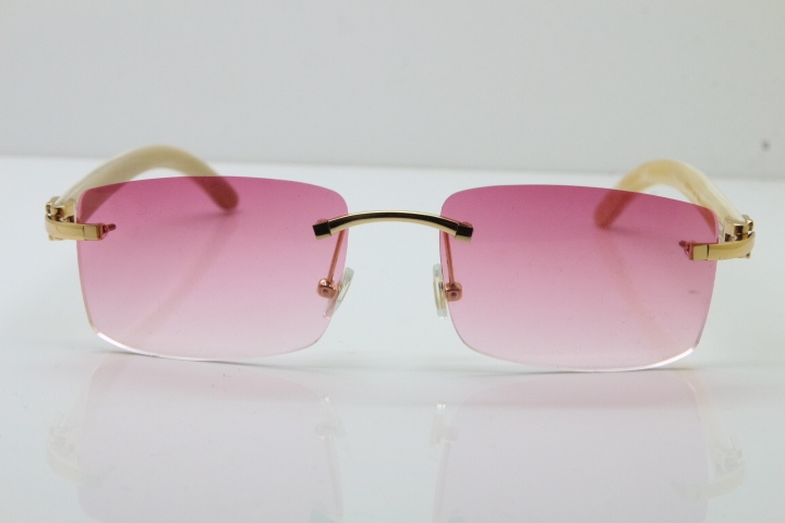 Cartier Rimless 8200758 SunGlasses Original White Genuine Natural Horn Sunglasses in Silver Pink Lens