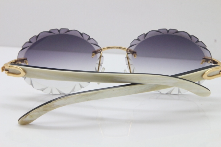 Cartier Rimless Original White Inside Black Buffalo Horn T8200761 Sunglasses in Gold Gray Carved Lens