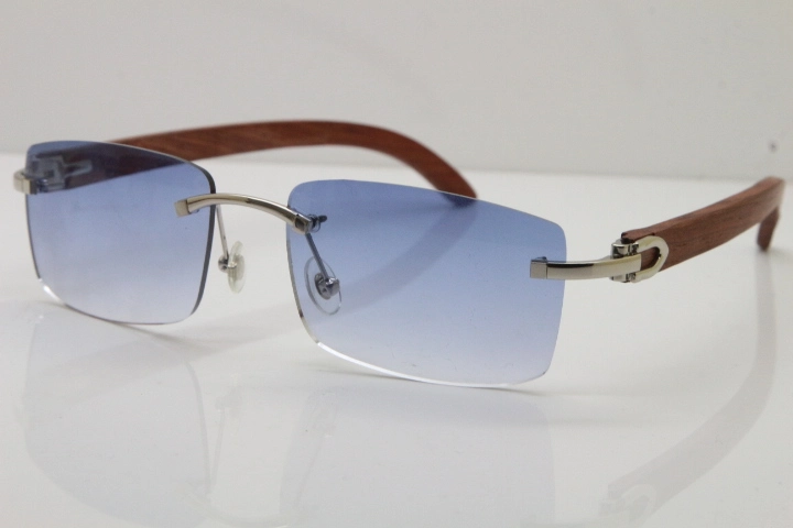 Cartier Rimless 8200758 SunGlasses Original Wood Sunglasses in Silver Blue Lens