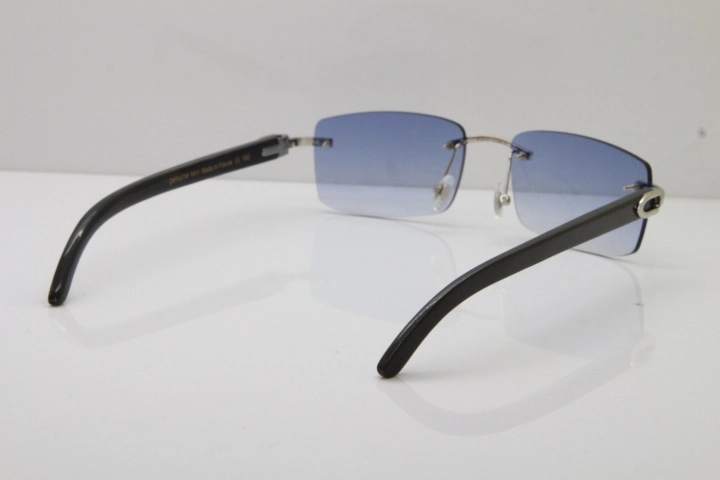 Cartier 8200757 Rimless SunGlasses Original Black Buffalo Horn Sunglasses in Gold Blue Lens