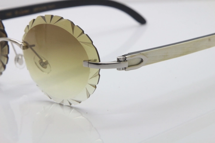 Cartier Rimless Original White Inside Black Buffalo Horn T8200761 Sunglasses in Gold Brown Carved Lens