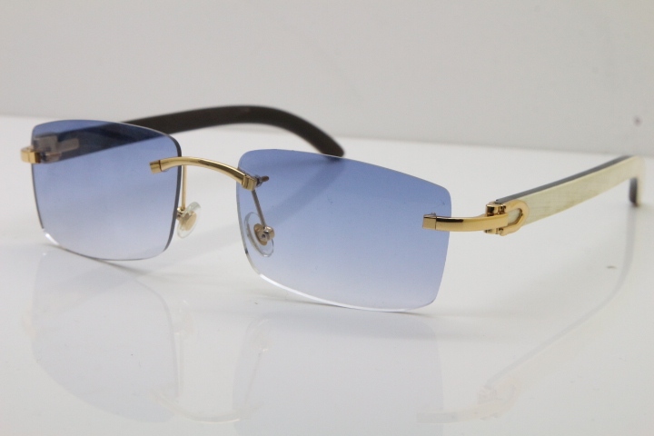 Cartier Rimless 8200758 SunGlasses Original White Inside Black Buffalo Horn Sunglasses in Silver Blue Lens