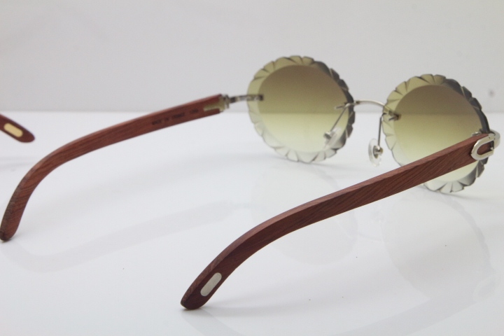 Cartier Rimless Original Wood T8200761 Sunglasses in Gold Brown Carved Lens