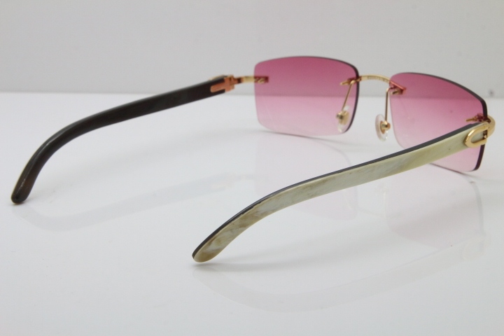 Cartier Rimless 8200757 SunGlasses Original White Inside Black Buffalo Horn Sunglasses in Gold Pink Lens