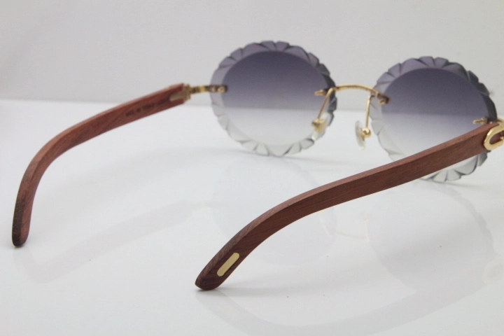 Cartier Rimless Original Wood T8200761 Sunglasses in Gold Gray Carved Lens