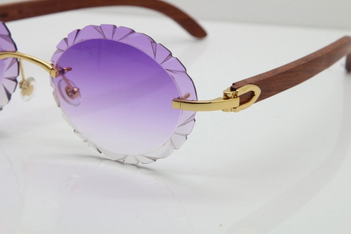 Cartier Rimless Original Wood T8200761 Sunglasses in Gold Purple Carved Lens