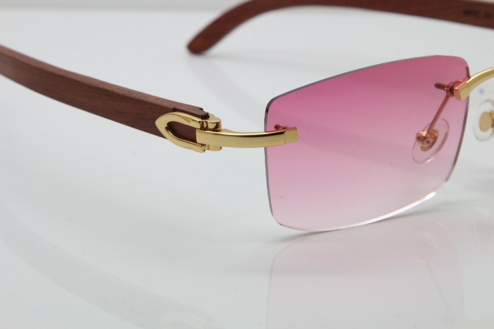 Cartier Rimless 8200757 SunGlasses Original Wood Sunglasses in Gold Pink Lens