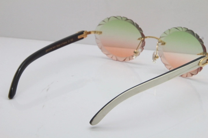 Cartier Rimless Original White Inside Black Buffalo Horn T8200761 Sunglasses in Gold Green mix Brown Carved Lens
