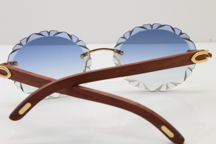 Cartier Rimless Original Wood T8200761 Sunglasses in Gold Blue Carved Lens