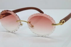 Cartier Rimless Original Wood T8200761 Sunglasses in Gold Pink Carved Lens