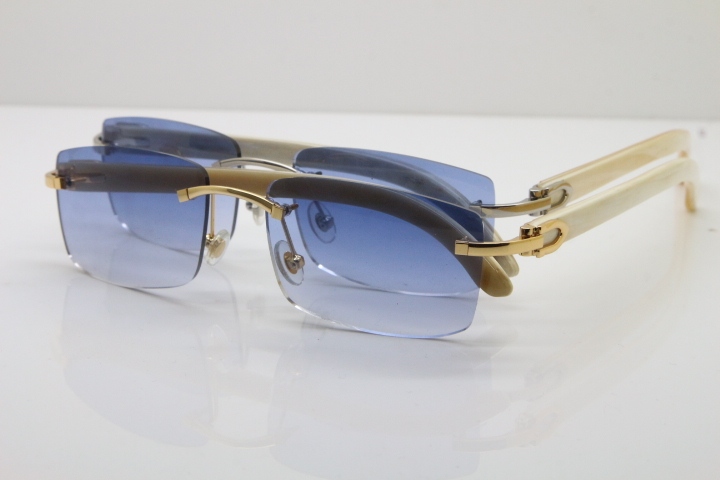 Cartier Rimless 8200757 SunGlasses Original White Genuine Natural Horn Sunglasses in Gold Blue Lens