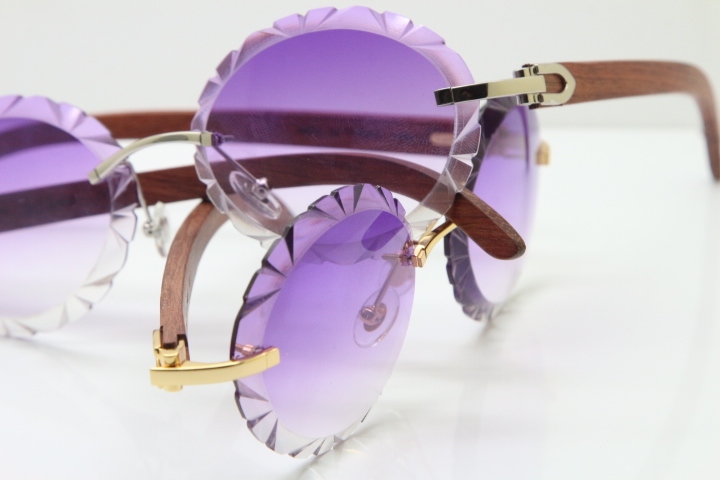 Cartier Rimless Original Wood T8200761 Sunglasses in Gold Purple Carved Lens