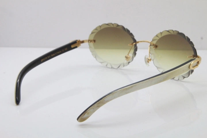 Cartier Rimless Original White Inside Black Buffalo Horn T8200761 Sunglasses in Gold Brown Carved Lens