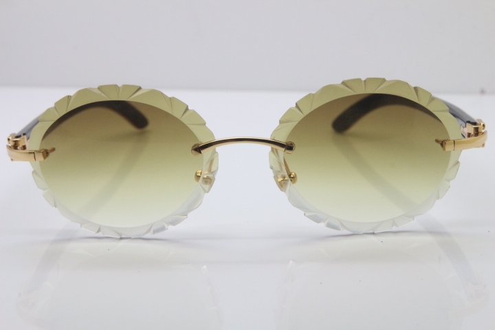 Cartier Rimless Original White Inside Black Buffalo Horn T8200761 Sunglasses in Gold Brown Carved Lens